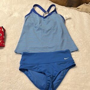 Nike Blue and White Bikini with Striped Top and solid blue bottom